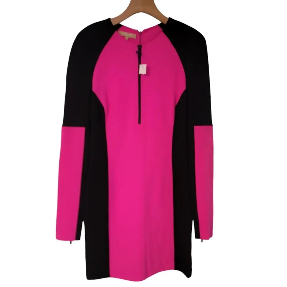 Michael Kors Dress Hot Pink Black Colorblock Virgin Wool Long Sleeve Sz‎ 2 NWOT